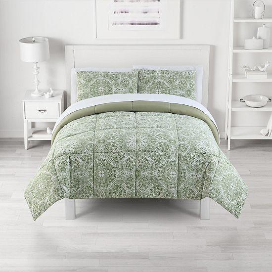 The Big One Sage Green Floral Medallions 3-Piece Reversible Comforter Set