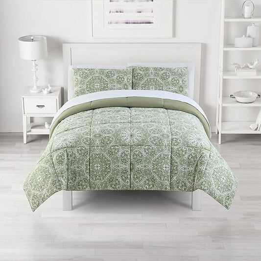 The Big One Sage Green Floral Medallions 3-Piece Reversible Comforter Set