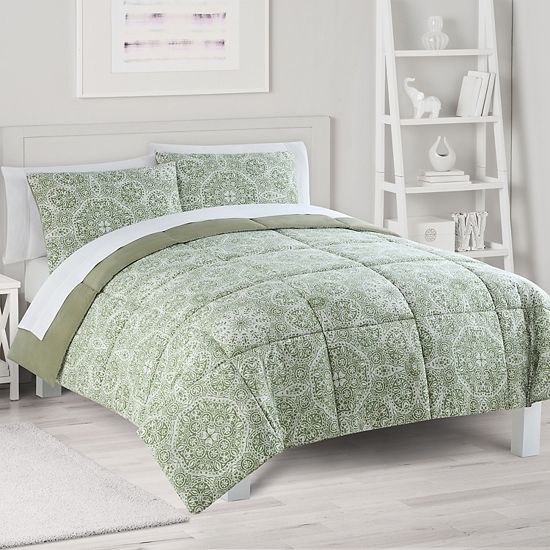 The Big One Sage Green Floral Medallions 3-Piece Reversible Comforter Set