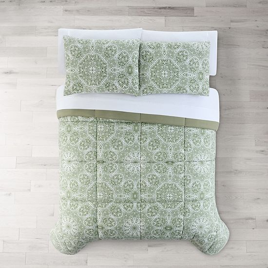 The Big One Sage Green Floral Medallions 3-Piece Reversible Comforter Set