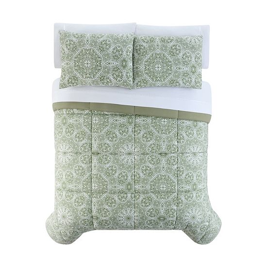 The Big One Sage Green Floral Medallions 3-Piece Reversible Comforter Set